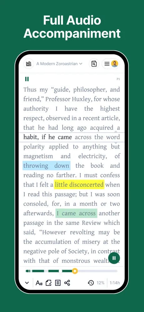 App screenshot showing the ability to listen to audio of the books as the text is highlighted in sync.