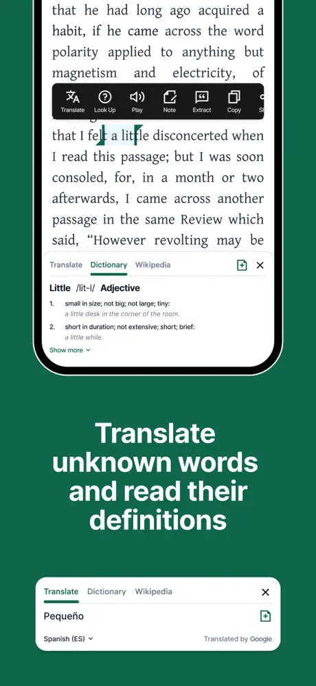 App screenshot showing the ability to translate text into any language and quickly get definitions of words